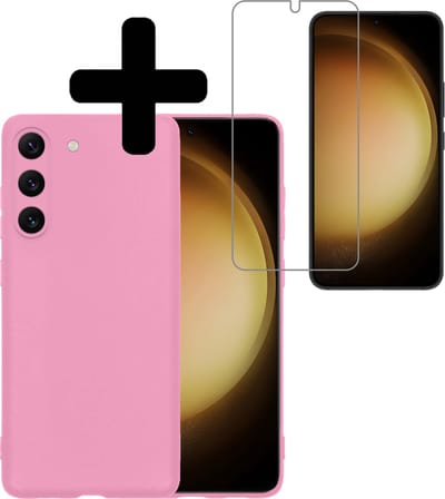 Hoesje - Met Screenprotector - Geschikt voor Samsung Galaxy S23 - Sterk & Shockproof - Back Cover - Siliconen Case - Telefoon Hoes - Telefoonhoesjes - Lichtroze