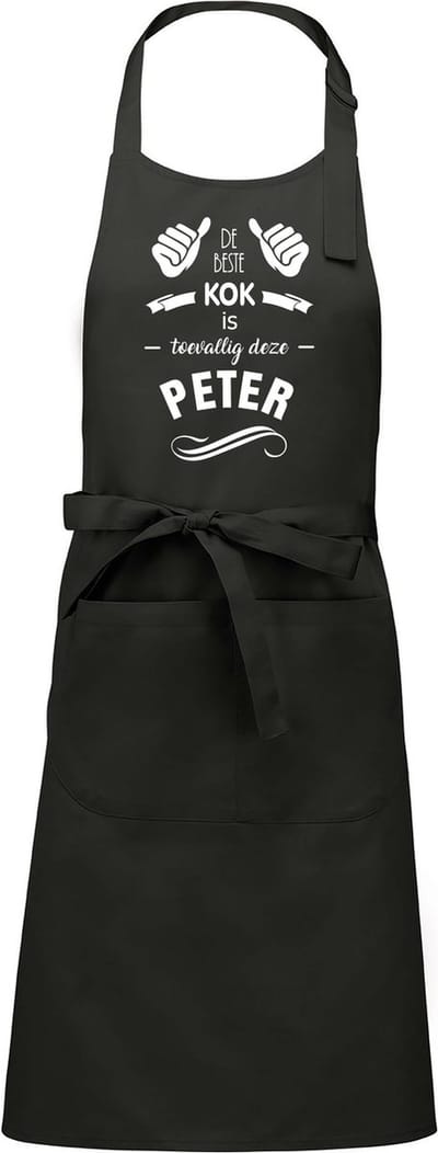 Cadeauschort - Tekstschort - Keukenschort met je naam - BBQ schort - verjaardag - vaderdag - De beste kok is toevallig deze Peter - chique grijs