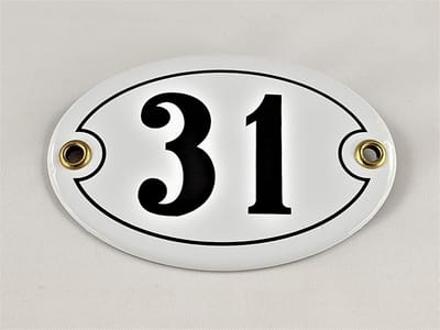 Huisnummerbord Emaille - Nummer 31 Ovaal - Duidelijke Huisnummering - Handgemaakt Weerbestendig - 10.5x7cm - Wit Zwart