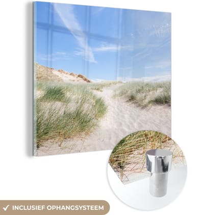MuchoWow® Glasschilderij 90x90 cm - Schilderij acrylglas - Strand - Duin - Gras - Foto op glas - Muurdecoratie woonkamer - Wanddecoratie slaapkamer - Schilderijen