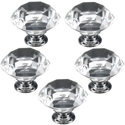 Dailygoods- Deurknoop 40 mm - Kristalglas - Zink legering - 5 Stuks - Faux diamant-design - Geschikt voor ladedeuren/kastdeuren - Kastknop