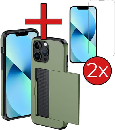 Hoesje Geschikt voor iPhone 14 Pro Hoesje Met Pasjeshouder Hard Case Met Kaarthouder Met 2x Screenprotector - Hoes Geschikt voor iPhone 14 Pro Hoesje Pashouder Case - Donkergroen