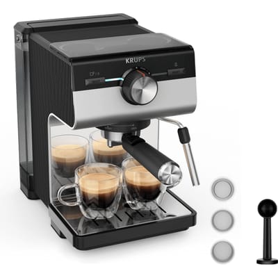 Krups Authentic XP384E10 Pistonmachine - Espressomachine - 15 Bar - Thermoblock-systeem - RVS - Inclusief Stoompijpje - Geschikt voor Gemalen Koffie & ESE Pads