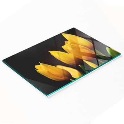 Multifunctionele decoratieve glazen snijplank voor de keuken met gele tulpen, 80x52 cm
