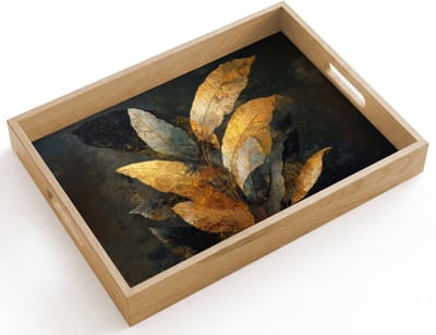 Dienblad hout 40x30 cm - Schootdienblad - Gouden Bladcompositie – Botanische Luxe - Borrelplank rechthoek - Plateau dienbladen
