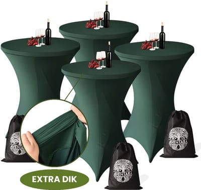 Statafelrok Donker Groen x 4 – ∅80-85 x 110 cm inclusief Opbergtas – Statafelhoes Stretch Stof – Kras- en Vouwvrije Tafelhoezen Extra Dik – Sta Tafelrok – Statafelhoezen Voor Horeca, Evenementen, Feest, Bruiloft en Partijen