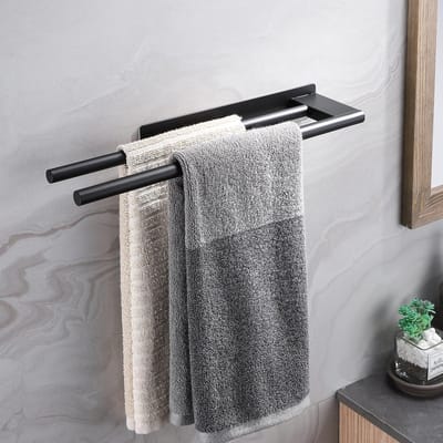 Zelfklevende dubbele handdoekstang - Handdoekhouder - Badhanddoekhouder - Zonder Boren - Badkamer - Ophangbaar - Hangend - Voor badkamer en keuken - 39CM - Zwart