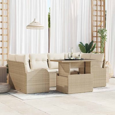 vidaXL Tuinbank Set met kussen met opslag 7 pcs Beige Poly Riet