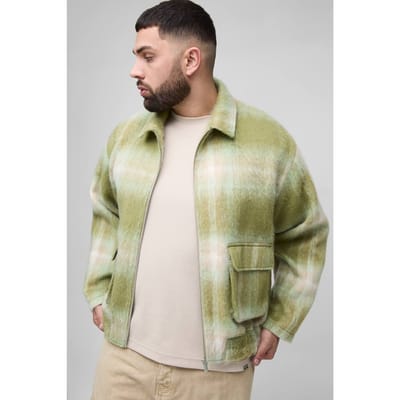 Plus Brushed Check Cargo Pocket Oversized Overshirt | Green | Size 2XL