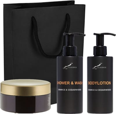 Douchepakket Sweet Orange & Cedarwood - Shower & wash + Bodylotion + Scrubzout 300 gram - 300 ml per fles - set van 3 stuks - met luxe gift tas - cadeau - giftset voor hem en haar