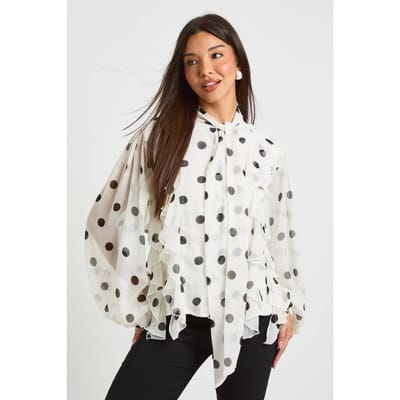 boohoo Dames Polka Dot Chiffon Blouse met Ballonmouwen | Wit | Maat: 36