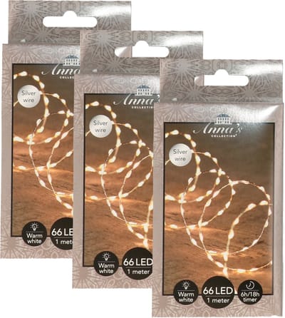 Anna's Collection Draadverlichting lichtsnoer - 3x - 66 led lampjes - warm wit - zilver draad - 100 cm - lichtdraad - kerstverlichting