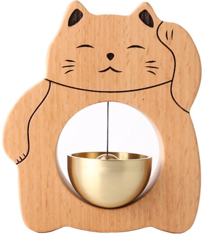 Windgong met kattenmotief - Deurbel - Handgemaakte windgong - Massief houten deurbel - Vintage messing bel