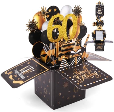 Dailygoods - OFFCUP 60e Verjaardagskaart, Uittrekbare 3d-Wenskaart Voor 60e Verjaardag, Pop-Upkaart Met Envelop, Verjaardagskaarten, Verjaardagscadeau Voor Vrouwen, Kinderen, Vriendin, Mannen (Zwart En Goud)