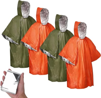 4-delige noodponcho set met levensdeken, bivakmuts en tas voor kamperen en wandelen, houdt je warm en droog in noodsituaties