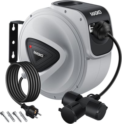 MASKO® Kabelhaspel 10 meter automatisch voor buiten met 3 stopcontacten Wandmontage 1,5m Aansluitkabel Inclusief Handschoenen - Grijs