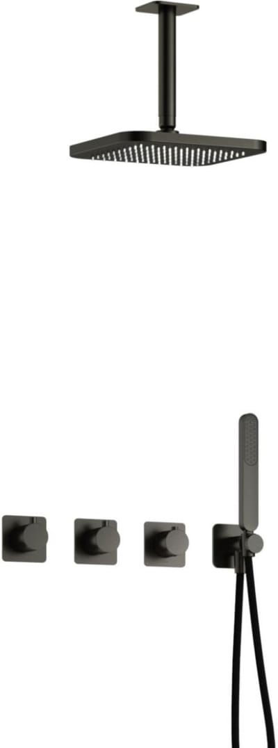 Hotbath Gal - Inbouw Regendoucheset - Geborsteld Gunmetal PVD - 2 Stopkranen - Thermostatisch - Plafondbuis 15 cm - Hoofddouche 220 mm - Staafhanddouche - V02