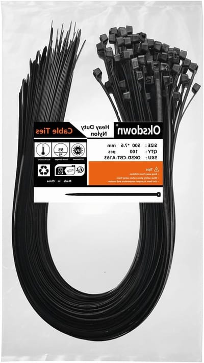Zwarte Dikke Kabelbinders - 100 Stuks, Sterke Nylon Plastic Zelfsluitend, 500mm x 7.6mm, Ideaal voor Organiseren en Bevestigen van Kabels en Draden