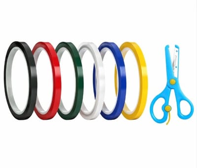 MTTproducts- Plakband Set 6 Rollen - Isolatietape 5 mm x 66 m - PET-Tape voor Kantoor - Doe-het-zelf - Modelbouw - Inclusief Schaar