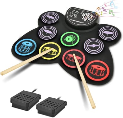 Draagbare elektronische drumset met 9 pads, inclusief drumstokken en pedalen, stereo luidsprekers en opvouwbaar ontwerp voor kinderen en beginners