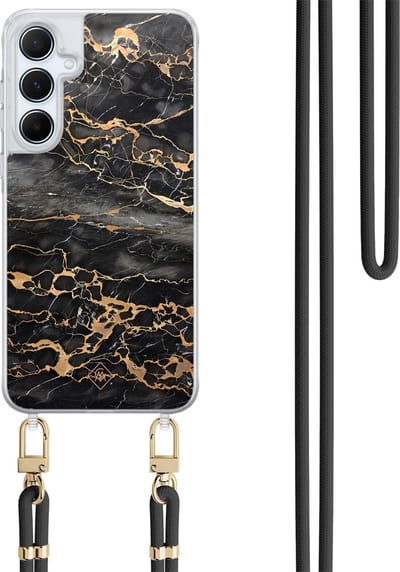 Casimoda® hoesje met koord - Geschikt voor Samsung A35 - Marmer Grijs Brons - Afneembaar koord - TPU/polycarbonaat - Zwart