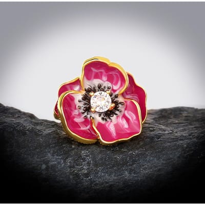 Bague en Argent 925 de Haute Qualité avec Fleur en Émail Rose Époxy pour Femmes Bijoux de Mode Cadeau Zircon Blanc Fête de Mariage Fiançailles 7