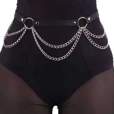 taille-, body-kettingriem, zwart lederen tailleriem, verstelbaar, voor dames en meisjes die houden van rock en rave, Eén maat, Leer, Niet van toepassing.