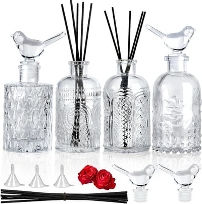 Set van 4 Lege Glazen Geurstokjes Flessen voor DIY Decoratie, Aromatherapie en Cadeaus voor Thuis, Kantoor en Feestdagen