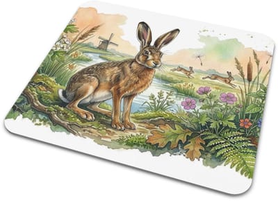Muismat "Aquarel Series" Wilde Natuur met Bruine Haas in Grasland bij Molen & Beekje - Hollands Polder Landschap Deskmat voor Computer en Laptop - Cadeau voor haar: Vrouw, Vriendin & Collega - Bureau Decoratie