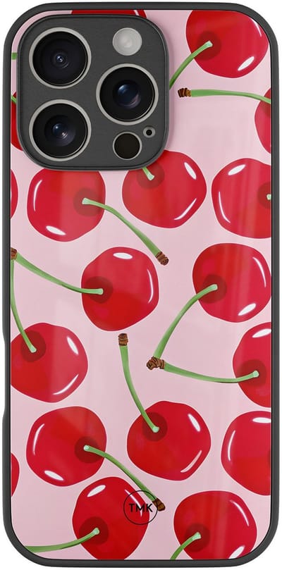 Hoesje geschikt voor Apple iPhone 16 Pro - Sweet cherry - Roze - TPU luxe case (glossy toplaag) - Print - Hardcase backcover zwart