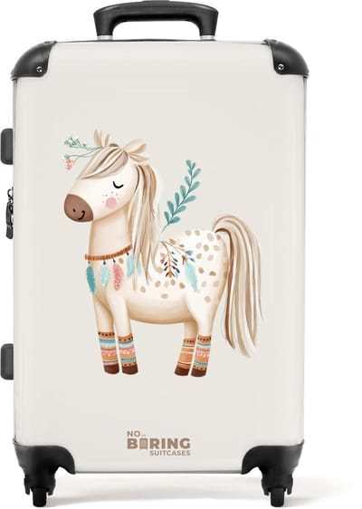 NoBoringSuitcases.com® - Kinderkoffer meisje - Kindertrolley meisjes - Bohemian paard in beige tinten - Koffer kind groot - Rolkoffer lichtgewicht - Reiskoffer met 4 wielen - Grote trolley XL - 20 kg bagage