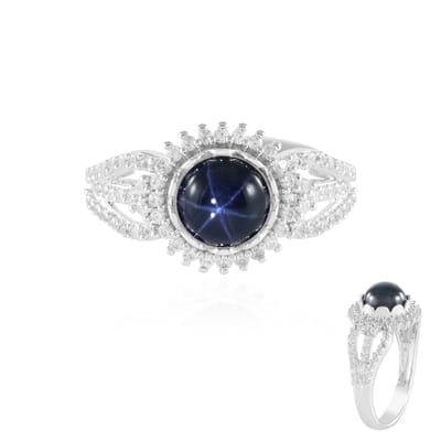 Cavill - Zilveren Ring - 925 Zilver - Blauwe Sterrensaffier 2,12 ct - Cabochon Ronde Saffier - Ring met Stereffect en Zirkonia's - Elegante Damesring