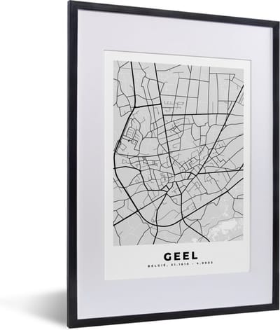 Fotolijst incl. Poster Zwart Wit- België – Geel – Stadskaart – Kaart – Zwart Wit – Plattegrond - 30x40 cm - Posterlijst