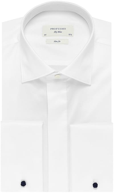 Profuomo slim fit heren smoking overhemd dubbele manchet - twill - wit - Strijkvriendelijk - Boordmaat: 45