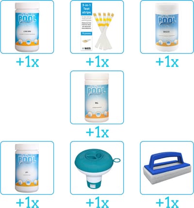 Zwembad Onderhoudspakket - Onderhoud Zwembad - bevat Chloor - Testrips - Chloor - PH-min - PH-plus - Chloordrijver en Scrubborstel (7-delig)