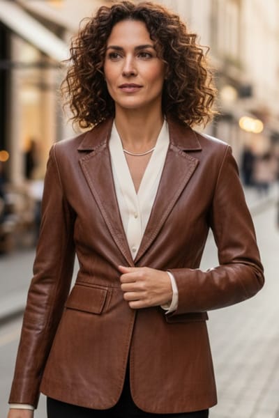 Dames beige Italiaanse leren blazerjas - Eclipse