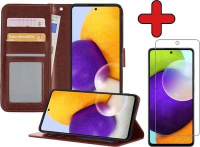 Hoesje - Met Screenprotector - Geschikt voor Samsung Galaxy A52 5G - Luxe Pasjeshouder - Flipcase - Bookcase Portemonee - Flip Case - Kunstleer Book Case - Book Cover - Walletcase - Portemonneehoes - Telefoonhoes - Bruin