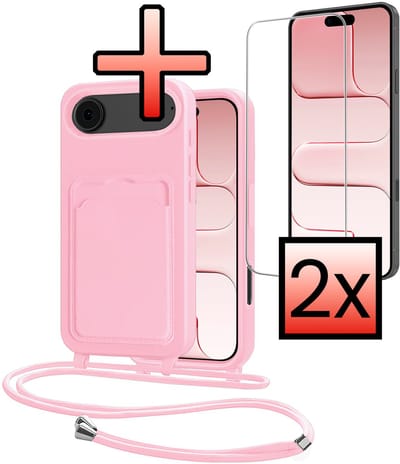 Hoes Geschikt voor iPhone Air Hoesje Pasjeshouder Cover Met Koord Case Siliconen Hoes Met Telefoonkoord en Kaarthouder Met 2x Screenprotector - Lichtroze