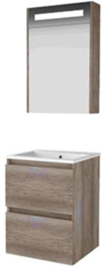 Basic-Line Premium 46 Badkamermeubelset - 50 x 46 cm - Greeploos - 2 Lades - Keramische Wastafel - 1 Kraangat - Spiegelkast met LED Verlichting - Scotch Oak