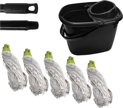 MAUS complete dweil set gerecycled -14 liter emmer zwart inclusief steel en 5 spaanse moppen groen