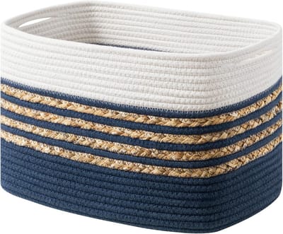 Geweven Opbergmanden voor Speelgoed en Handdoeken - Rechthoekige Katoenen Touwmand met Handgrepen - 35 cm x 21 cm x 22 cm - Marineblauw