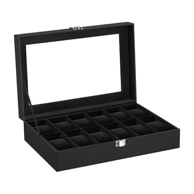 Intirilife Horlogekastje met 12 vakjes Horlogekastje met glazen deksel in Zwart - 30 x 20 x 8 cm - Vitrinekast voor het opbergen, vervoeren en tonen van horloges en juwelen
