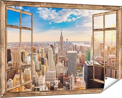 Gards Tuinposter Doorkijk New York Manhattan tijdens Zonsondergang - 150x100 cm - Tuindoek - Tuindecoratie - Wanddecoratie buiten - Tuinschilderij