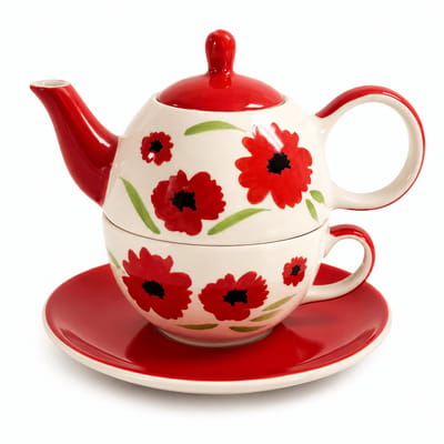 Tea for One Set Klaproos - Handgeschilderd Keramiek - Theepot met Kop en Schotel - Rood Wit - 3-delige Theeset voor 1 Persoon