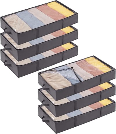 Famanu - 6-pack opbergzakken voor onder het bed met deksel, opbergdozen voor kleding Opvouwbare organizer voor onder het bed met versterkte handgreep voor kleding, dekens, schoenen, 65L, Grijs