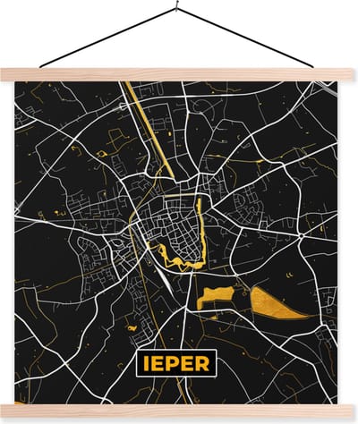 Posterhanger incl. Poster 40x40 cm - Schoolplaat - Kaart - Ieper - Stadskaart - Plattegrond - Goud - Textielposter - Blanke latten - Stadskaart