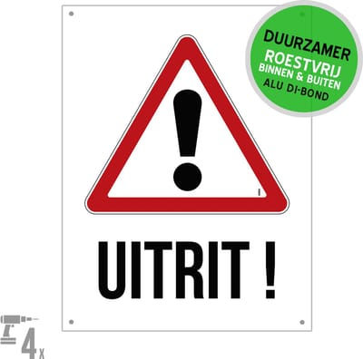 Pictogram/ bord Dibond + boorgaten | Let op! - "Uitrit!" | 27 x 36 cm | Duurzaam | Werf verkeer | Zwaar vervoer | Bouwverkeer | Parkeeroverlast | Uitrit vrijlaten | Roestvrij | 1 stuk