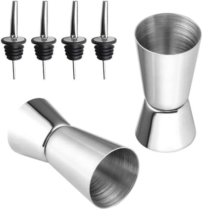 Set van 2 RVS Jiggers 25ml en 50ml met 4 Gratis Pourers voor Cocktail, Wijn en Drank Maken op Feestjes