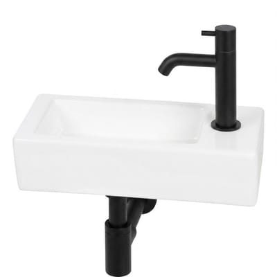 Saqu Trento fonteinset glans wit keramiek incl. mat zwarte kraan rechts