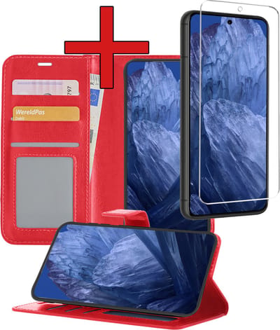 Hoesje - Met Screenprotector - Geschikt voor Google Pixel 8a - Luxe Pasjeshouder - Flipcase - Bookcase Portemonee - Flip Case - Kunstleer Book Case - Book Cover - Walletcase - Portemonneehoes - Telefoonhoes - Rood